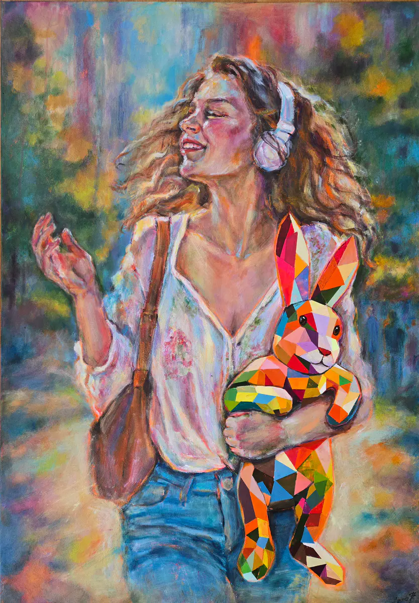 Lekfull Harmoni: Flicka med Färgglad Kanin - Akryyli - Conceptual - 70×100 cm taiteilija Lana Blink