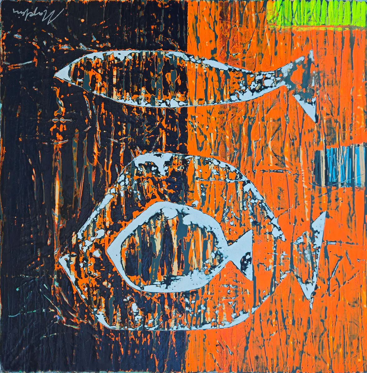 Fiskar i Rörelse: Orange och Blå - Öljyväri - Abstract - 30×30 cm taiteilija Vadim Markin