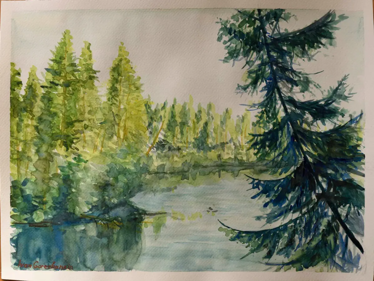 Klarälven i Hagfors kommun, Värmland - Akvarelli - Impressionism - 37×27 cm taiteilija Ivan Gorozhankin (myyty)