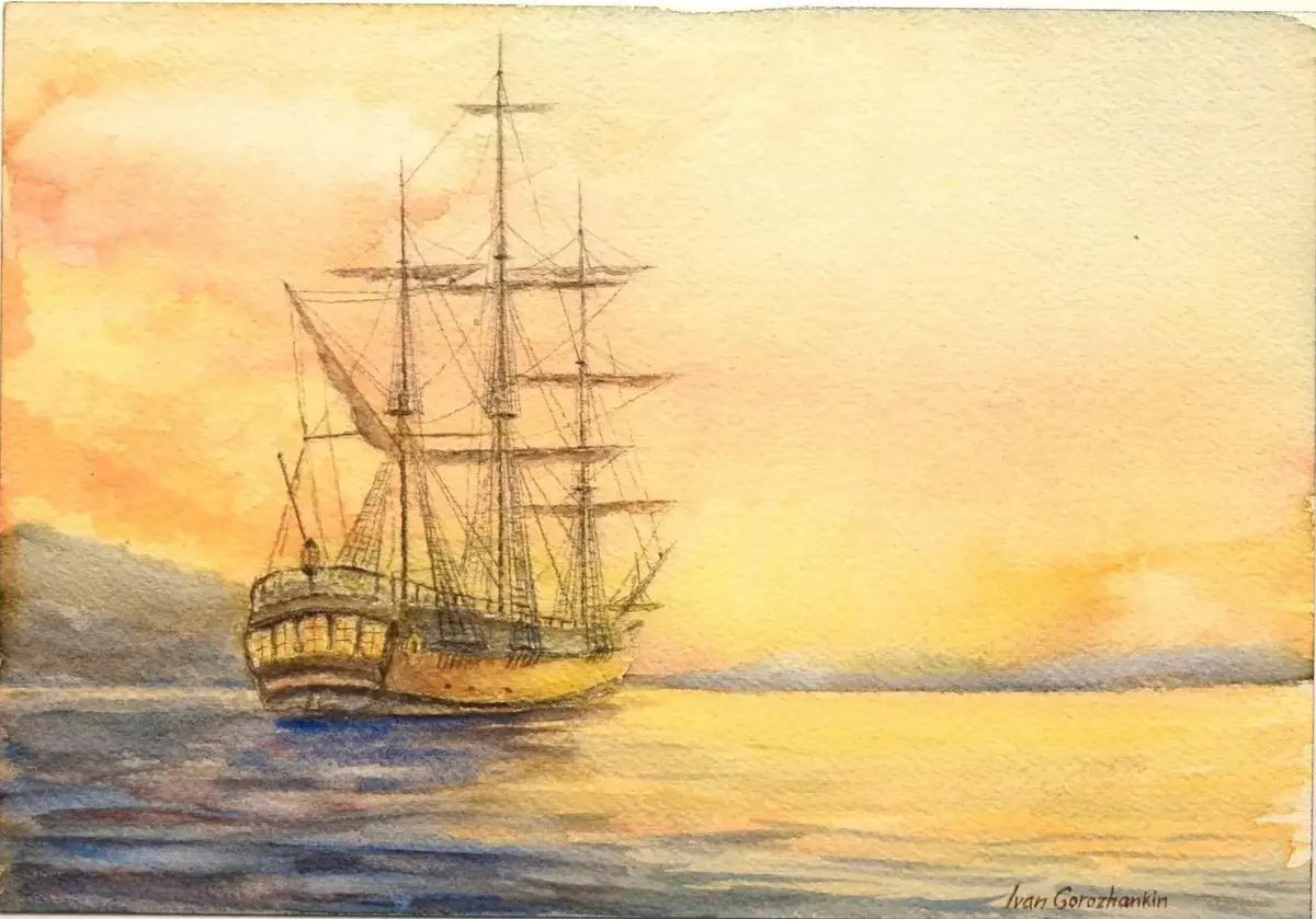 Skepp i solnedgång - Akvarelli - Impressionism - 26×18 cm taiteilija Ivan Gorozhankin (myyty)