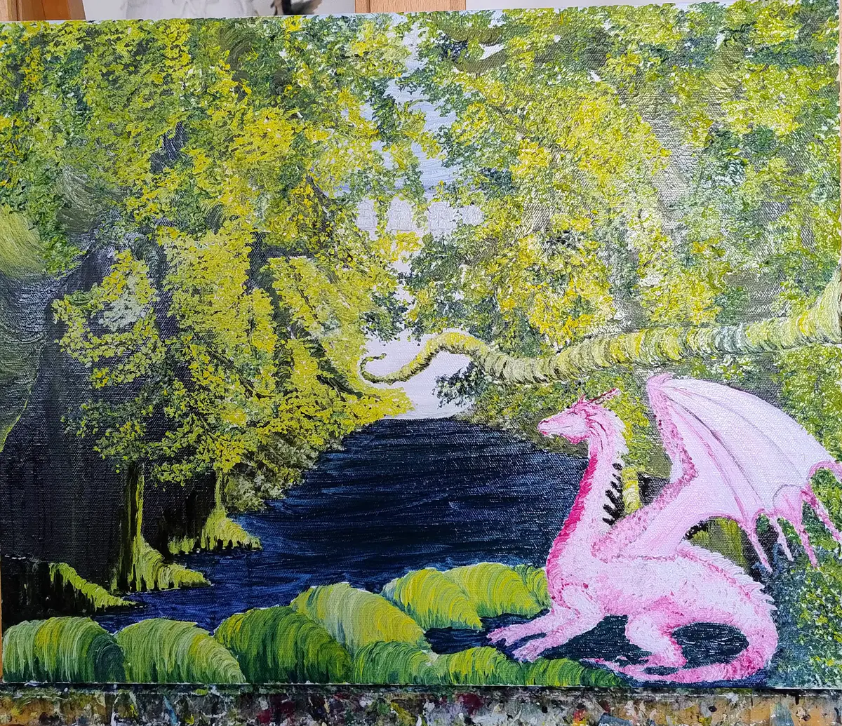 The Secrets of the Magical Lake - Öljyväri - Surrealism - 40×50 cm taiteilija Ateliemaloucametthe