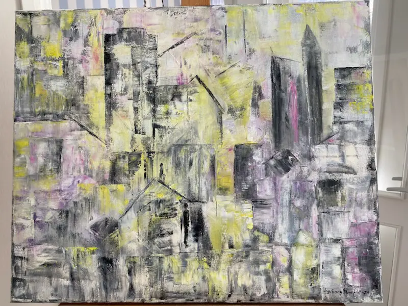 Urban Abstraktion i Gråskala och Pastell - Öljyväri - 50×70 cm taiteilija Ingeborg Blomfeldt