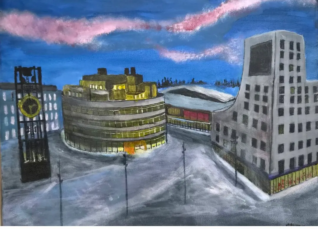 Norrsken över Kiruna nya centrum, - Akryyli - Landscape - 41×33 cm taiteilija Håkan Siggemo