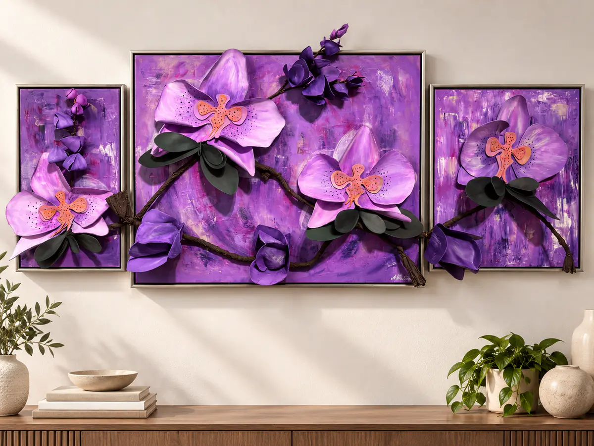 Orchid Reverie – Original 3D Floral Triptych - Akryyli - Abstract taiteilija Agneta Malina