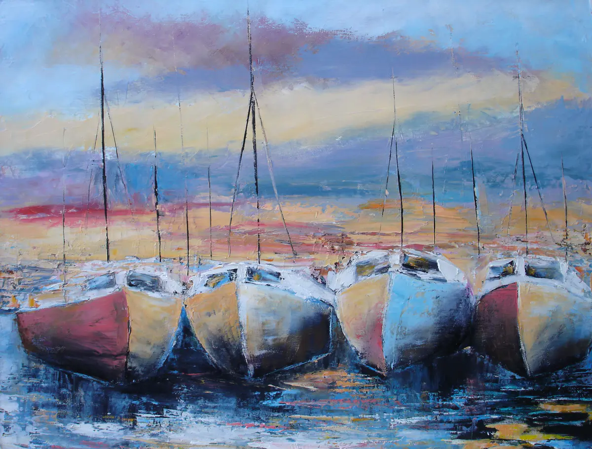 båthamnen i solnedgång - Öljyväri - Landscape - 67×56 cm taiteilija Stig Karlsson