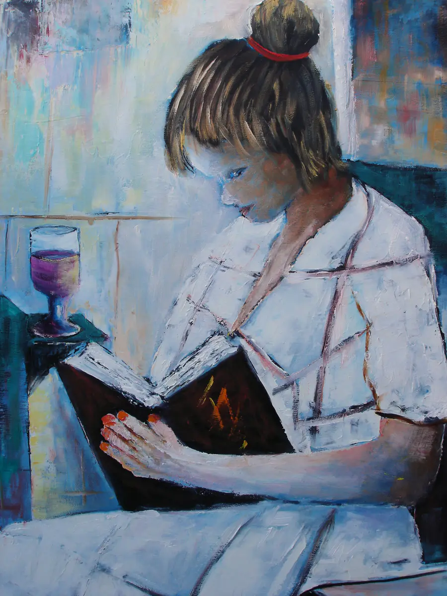 Egentid Vin och bok skapar spänning, olja på linneduk med vit list runt om 83 x 103 - Öljyväri - Figurative - 52×72 cm taiteilija Stig Karlsson