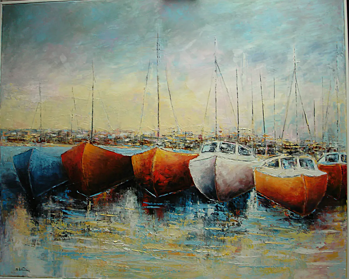 Båthamnen - Öljyväri - Landscape - 103×84 cm taiteilija Stig Karlsson