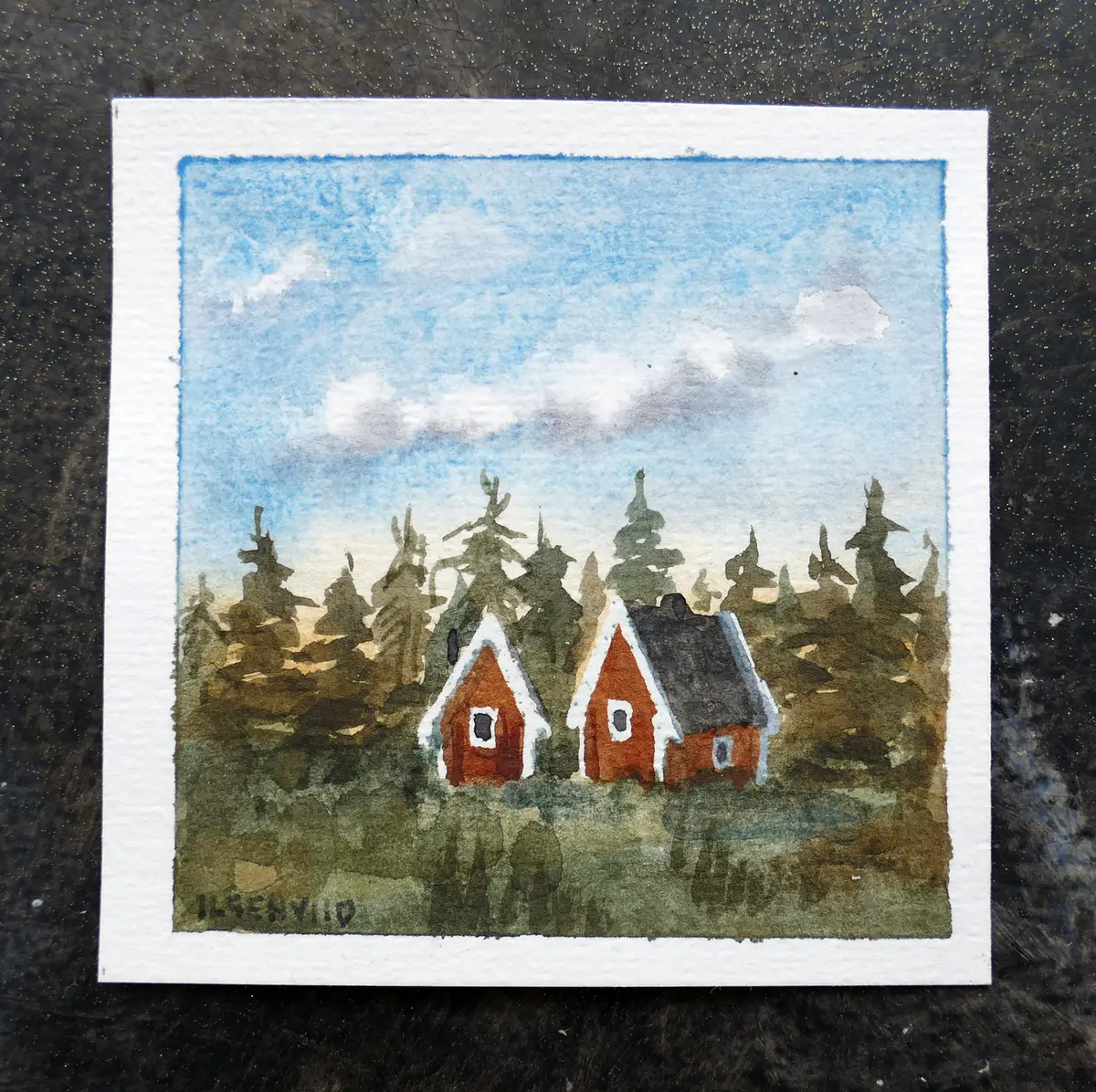 Stuga - Akvarelli - Landscape - 8×8 cm taiteilija Ilse Hviid