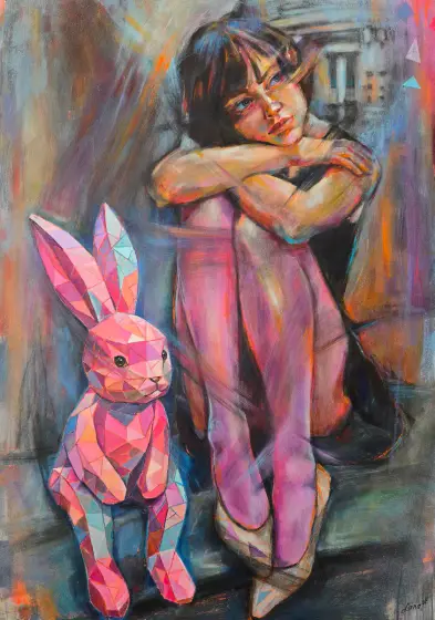 Reflektioner i Rosa och Blått: En Lekfull Vision - Acryl door Lana Blink