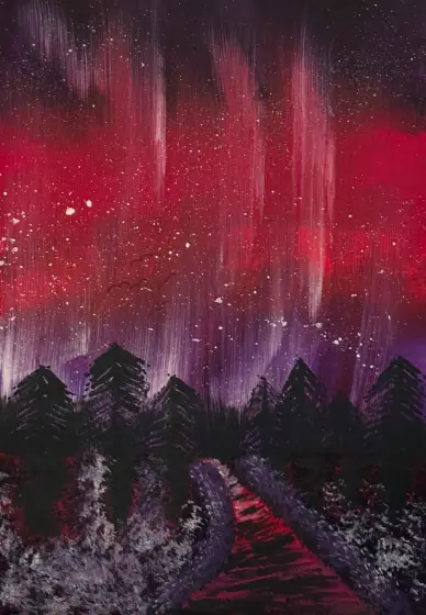 Norrsken på röd natthimmel. – Acrylic by Ann-Christin (Acmpainting) Martinsson