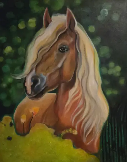 Palomino i Skogens Dunge - Öljyväri taiteilija LInnea Art